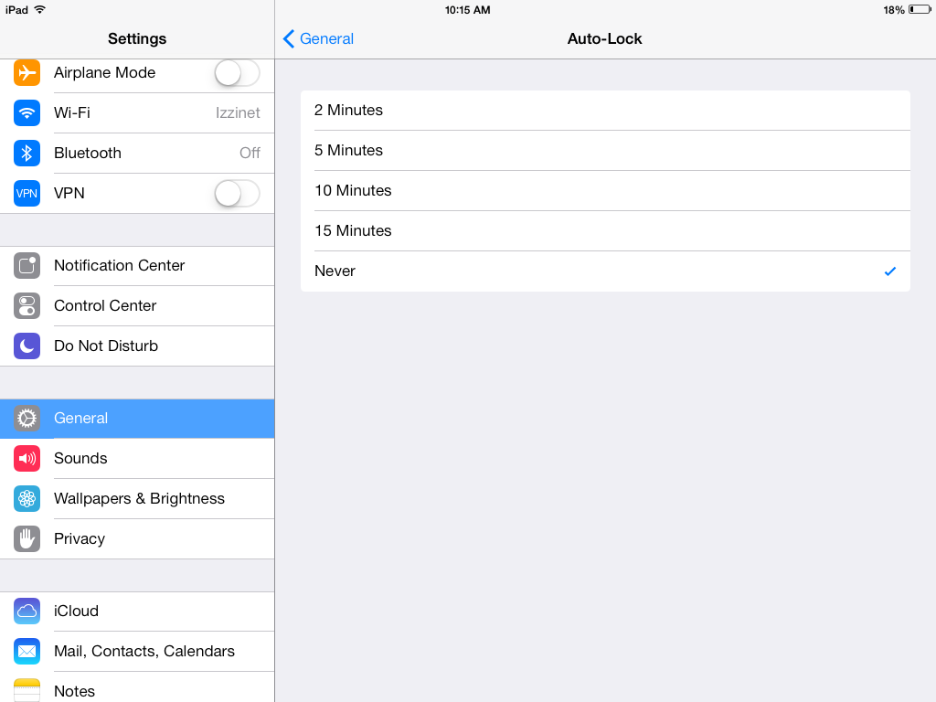 View of iOS's Auto-Lock settings
