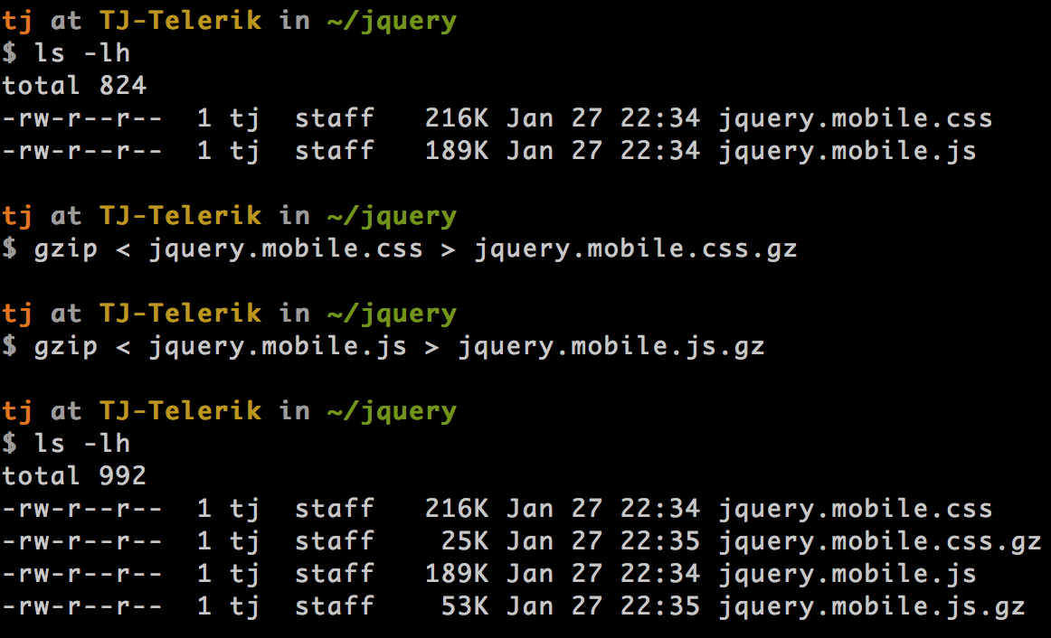 Running gzip on jQuery Mobile files