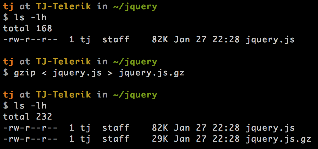 Running gzip on jQuery from the command line and generating a new file