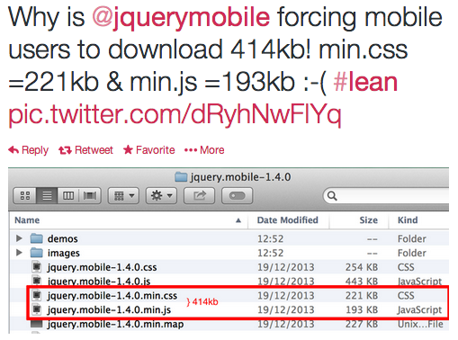 View of Twitter discussion of the size of the jQuery Mobile library