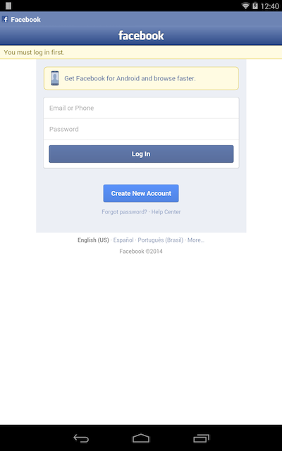 Facebook login on Nexus 7