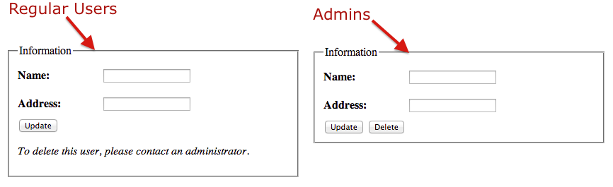 Display of the admin and regular user modes of a form