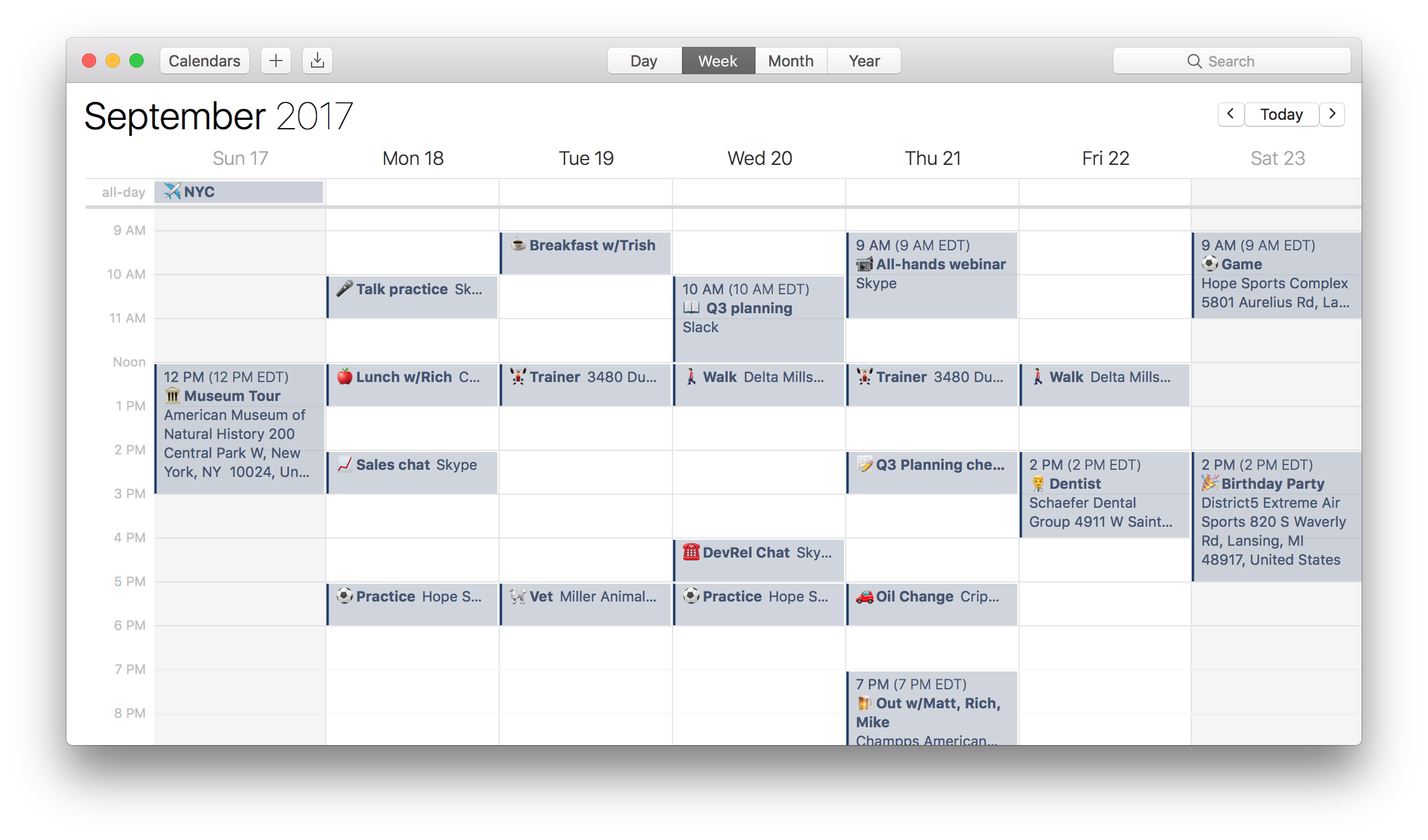 A calendar with emoji in calendar events